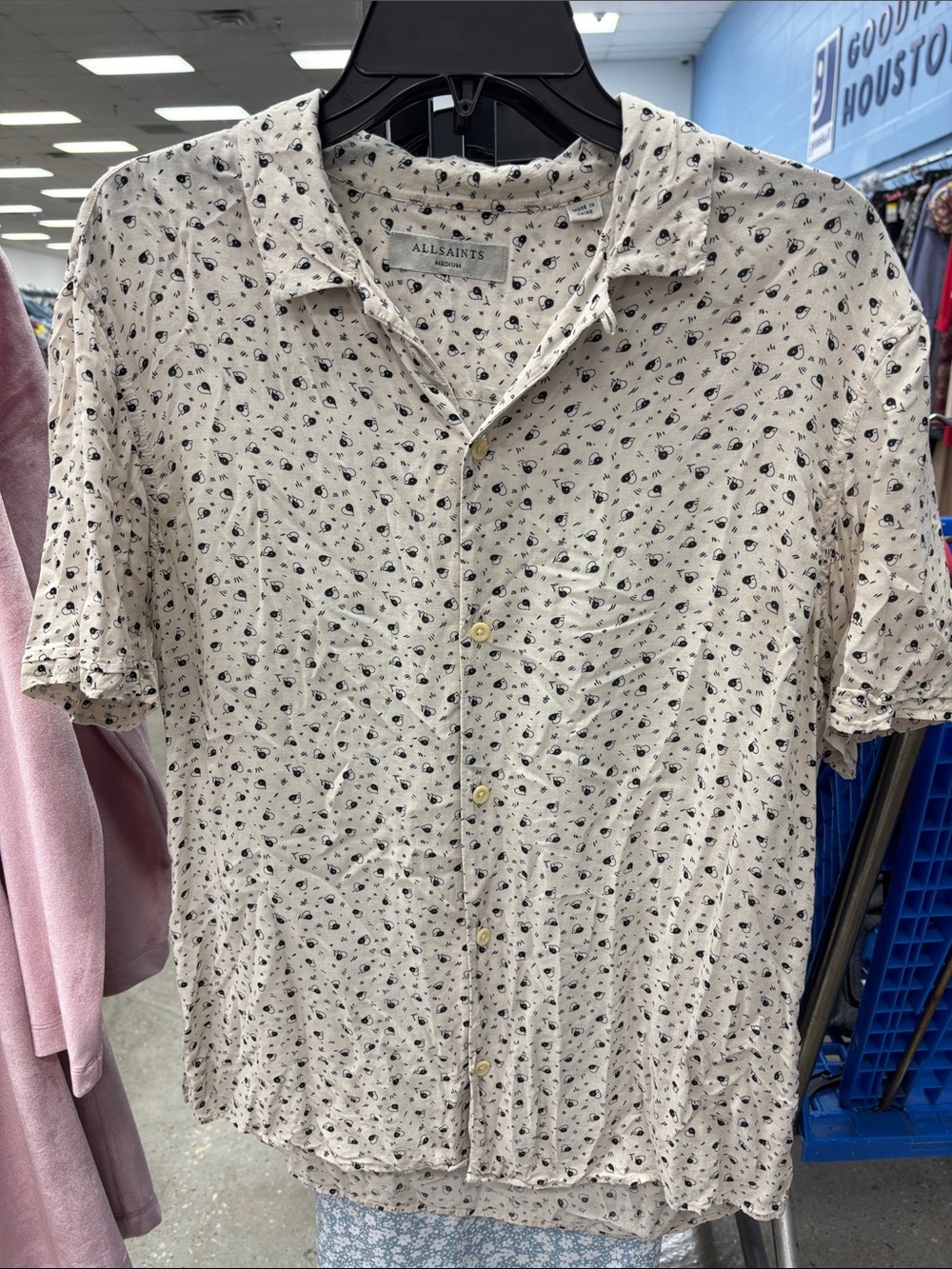 All Saints Cream Short-Sleeve Button-Down with Black Micro Print